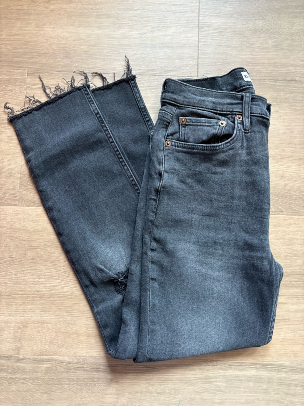 Re/Done Washed Black High-Rise Distressed Straight Jeans- size 28